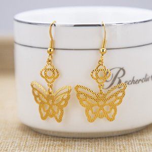 18K Yellow Gold Filled Hollow Carved Butterfly Flower Dangle Earrings Party Gift